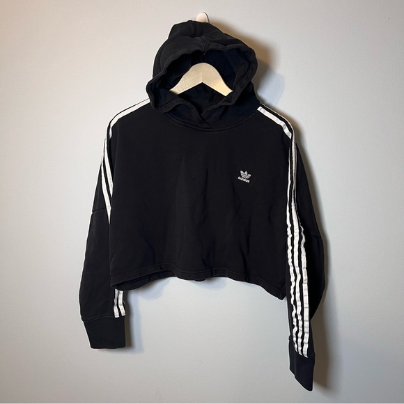 Adidas 3 Stripe Logo Oversized Cropped Hoodie Womens L Black Pullover Sweatshirt - Picture 1 of 7
